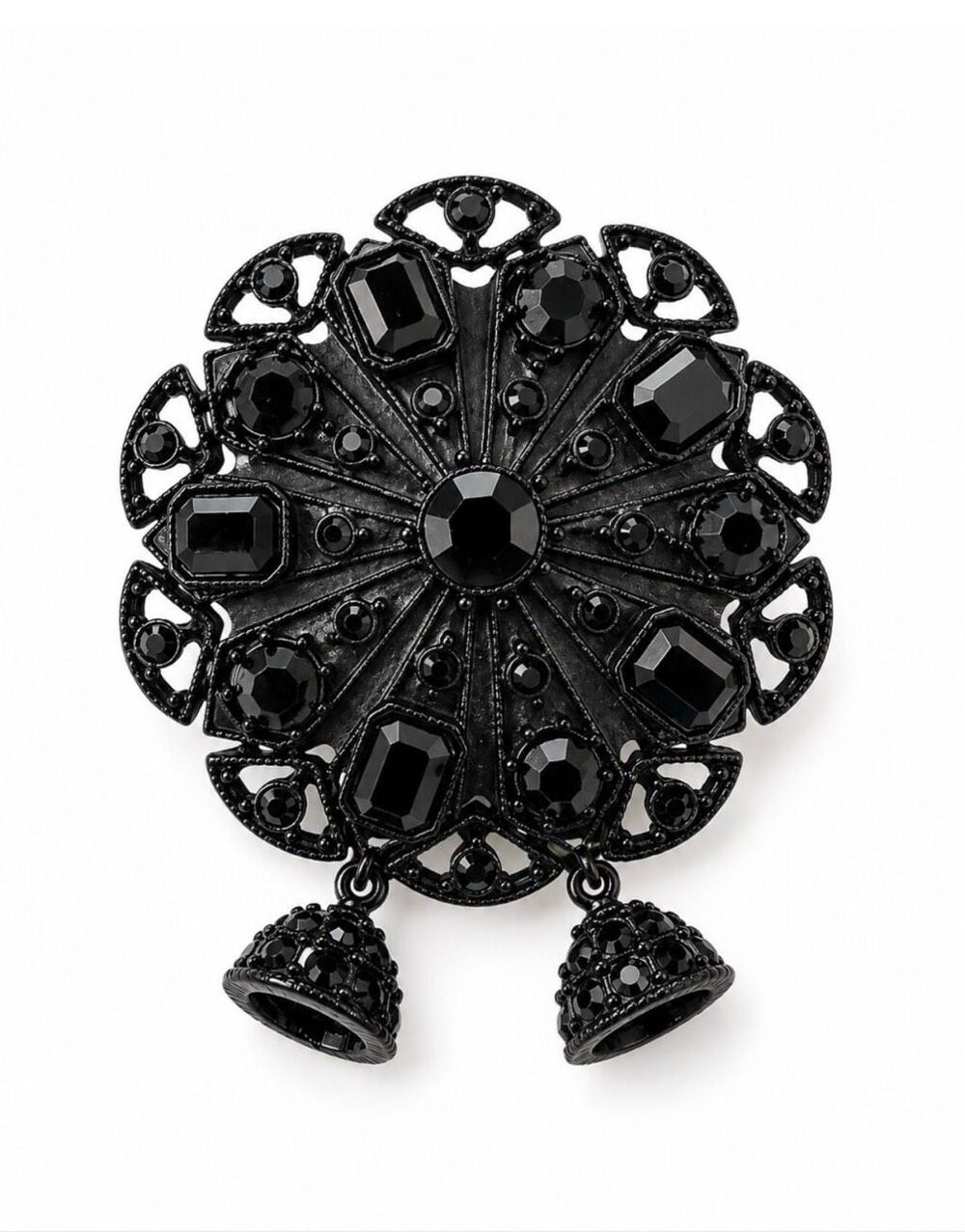 Vintage St. John Filigree Statement Brooch Jet Black Crystals Gripoix Tassles